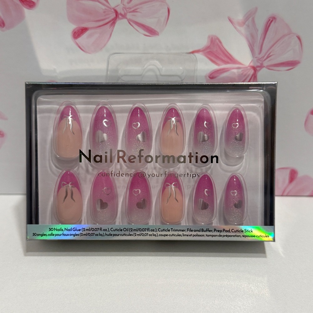Nail Reformation 30pc Press On Nails Ombre French Tip Hearts‎ Bows Glitter